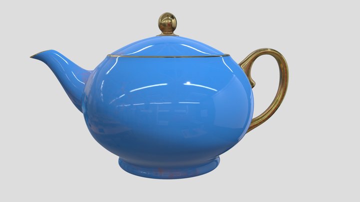 Blue Glazed Teapot with Golden Edges 3D Model