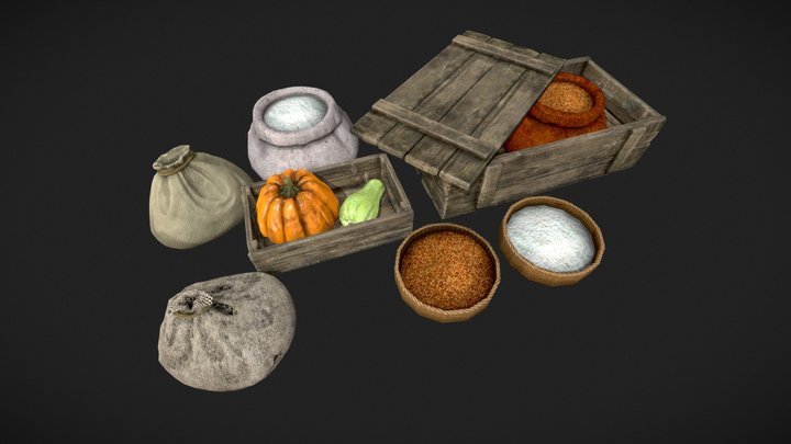 Wooden boxes, vegetables, bags of grain 3D Model