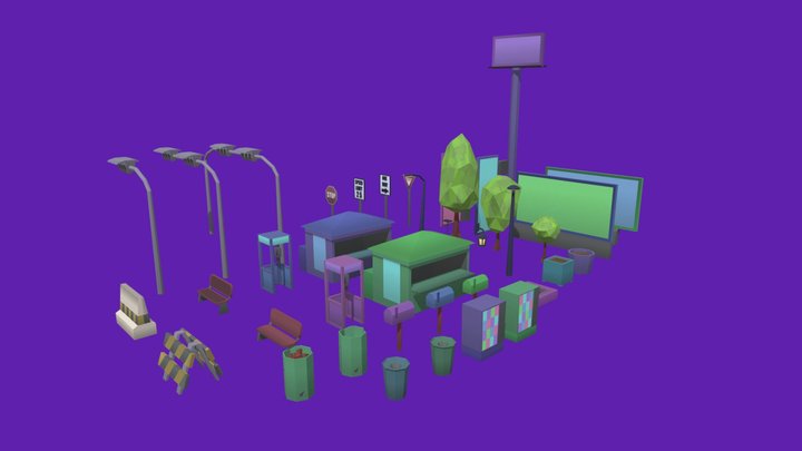 Stylized Low Poly City Props 3D Model