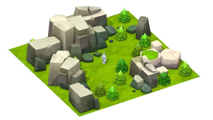 Cartoon Level Ground Tree Stone Cliff 3D Model