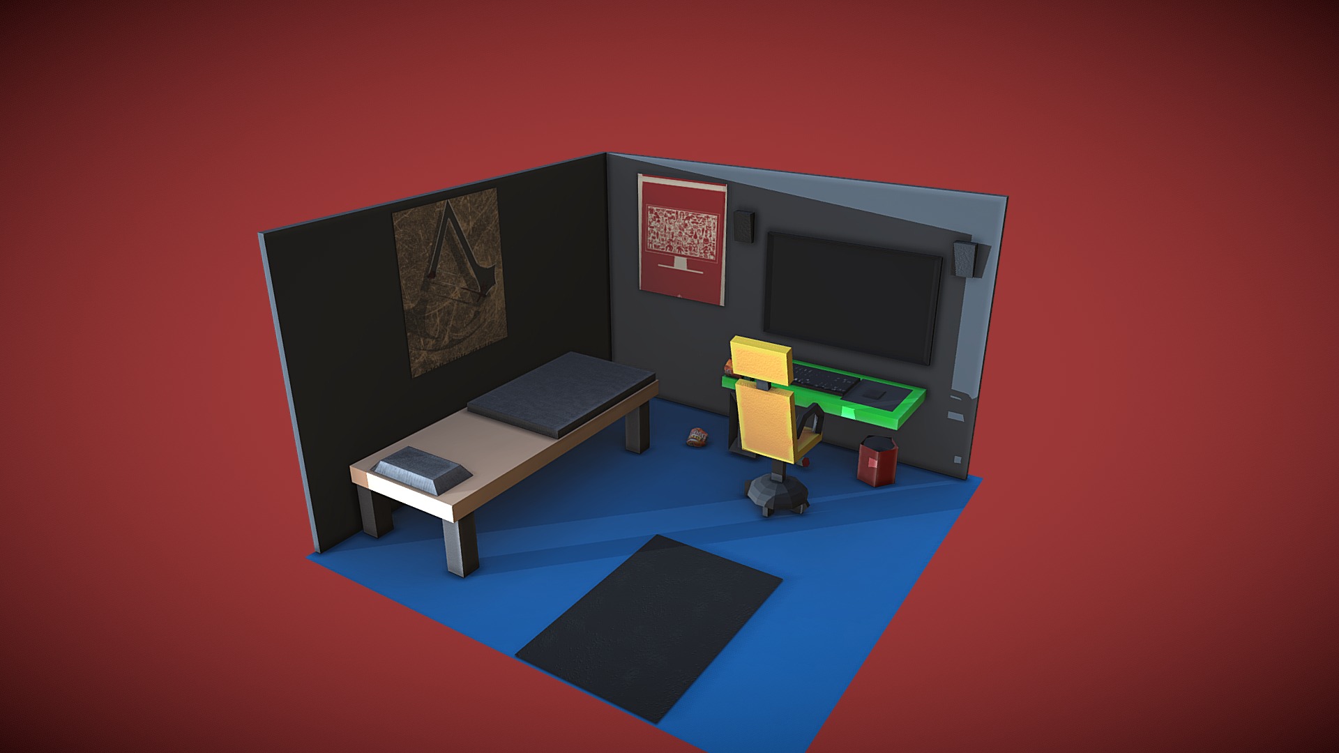 3D model Gaming Room - This is a 3D model of the Gaming Room. The 3D model is about a room with a tv and benches.