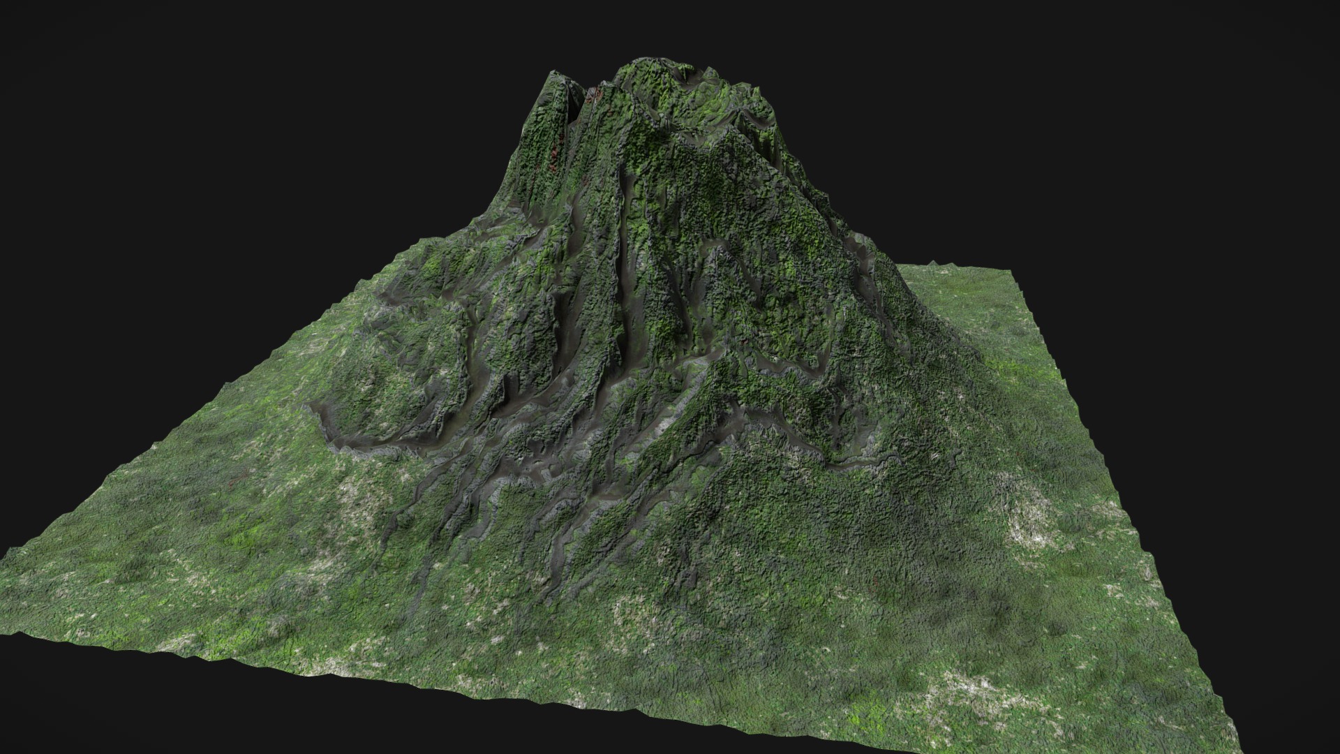 3D model Low poly volcano mountain model - This is a 3D model of the Low poly volcano mountain model. The 3D model is about a green mountain with a dark background.