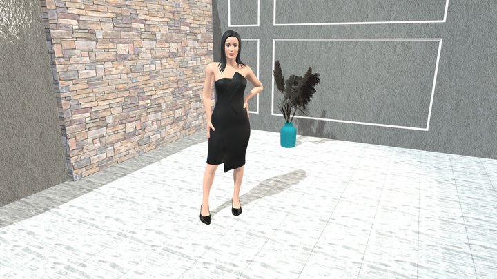 Strapless dress asymmetrical cut pose scene 3D Model