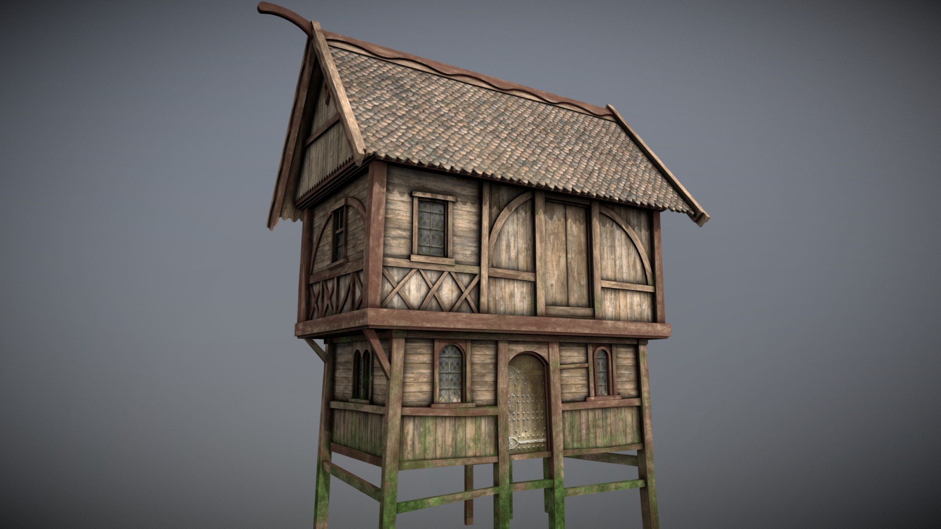 3D model Medieval lake village – House 16 - This is a 3D model of the Medieval lake village - House 16. The 3D model is about a wooden house on a stand.