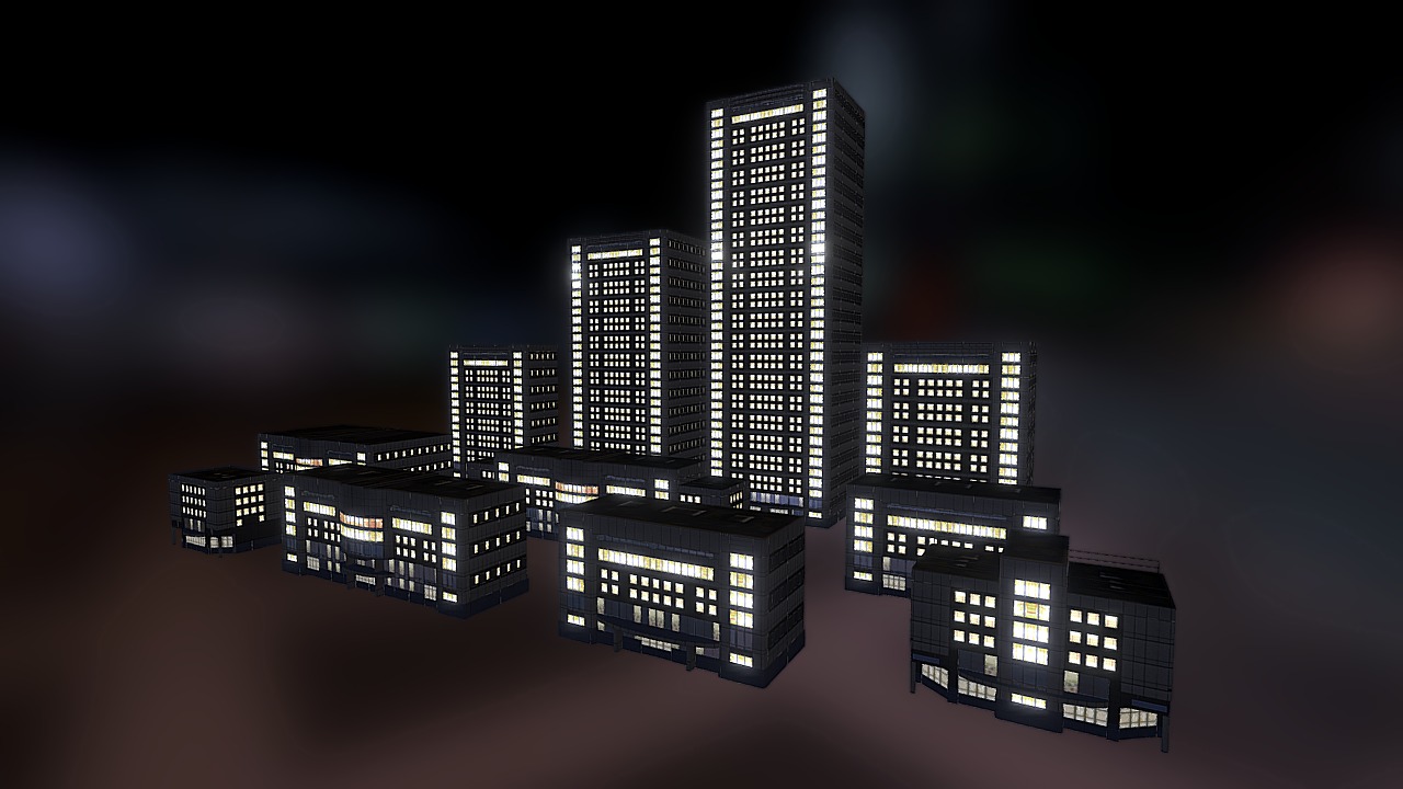 3D model Modern Buildings Night - This is a 3D model of the Modern Buildings Night. The 3D model is about a group of buildings with lights.