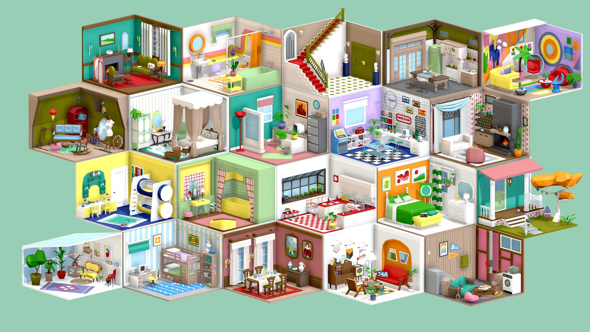 Low Poly Retro Vintage Rooms Interiors 2 Buy Royalty Free 3D model by