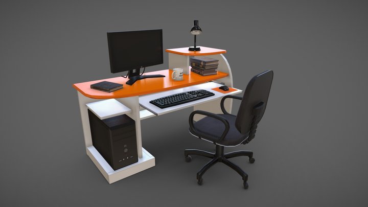 Desktop Computer Table and Chair 3D Model