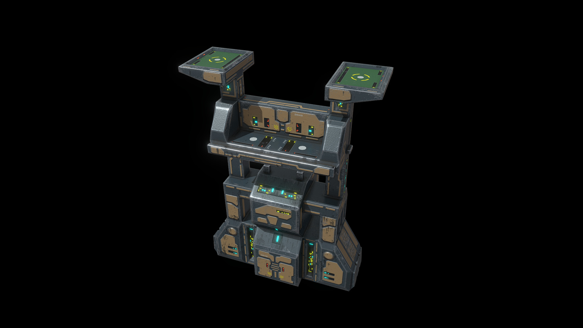 3D model Low poly sci fi dock building - This is a 3D model of the Low poly sci fi dock building. The 3D model is about a computer chip with a black background.