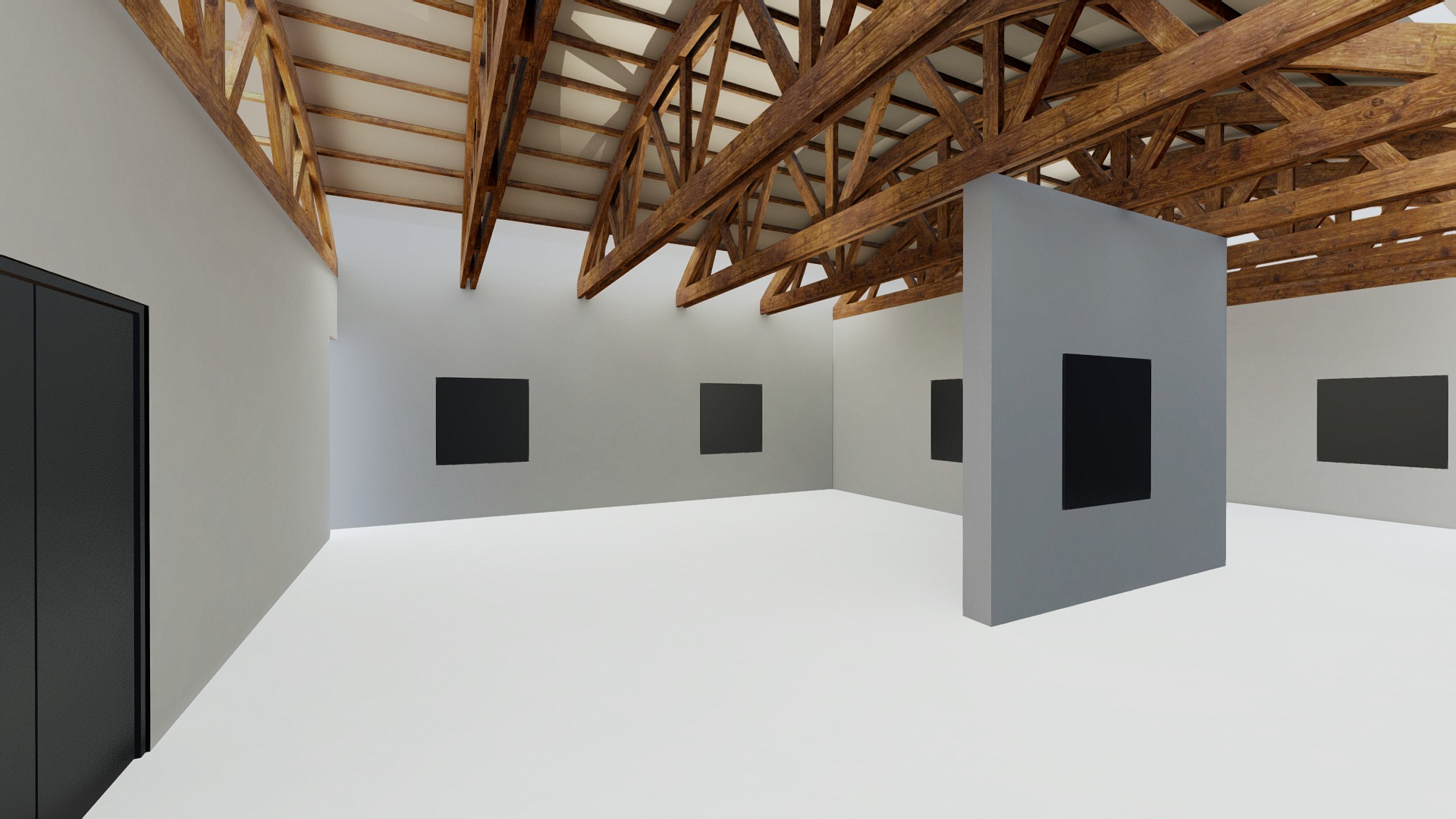 3D model VR Art Gallery – Wooden Beams - This is a 3D model of the VR Art Gallery - Wooden Beams. The 3D model is about a room with a wood ceiling and black square objects.