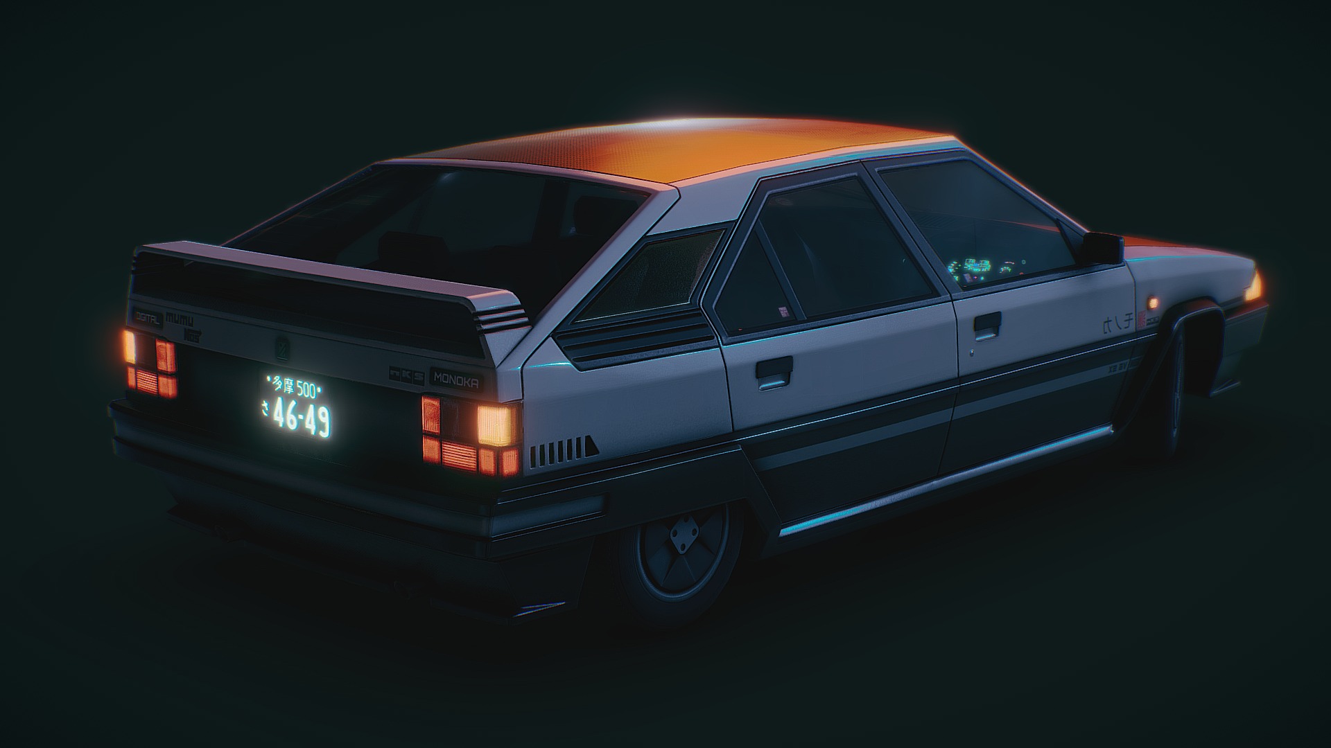 3D model Futuristic 1980’s Hatchback - This is a 3D model of the Futuristic 1980's Hatchback. The 3D model is about a white car with red lights.