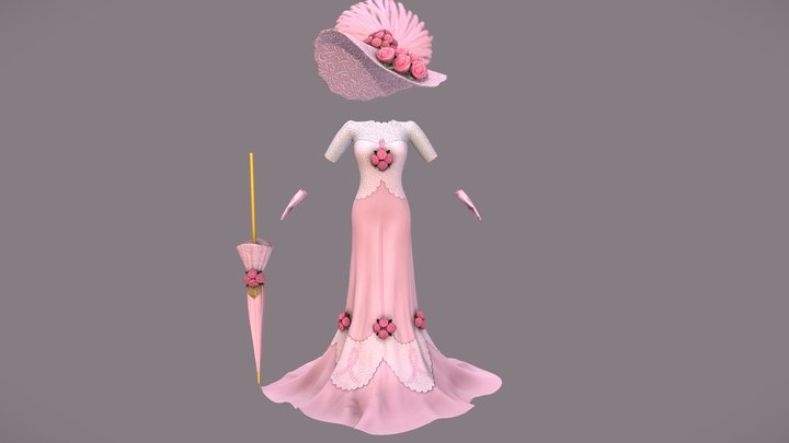 Female Beautiful Cake Dress Hat Gloves Umbrella 3D Model