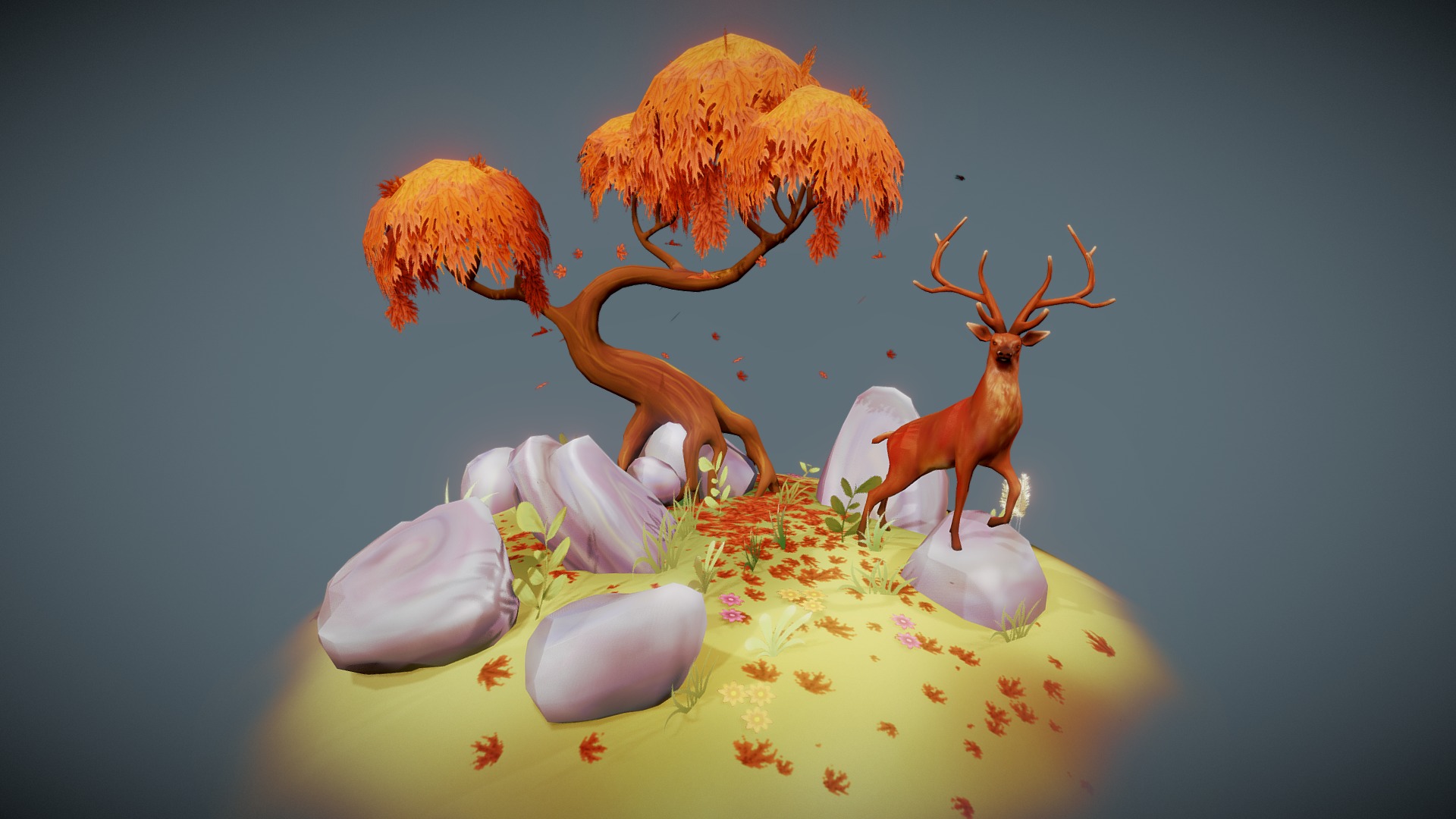 3D model Autumn Scene with Stag - This is a 3D model of the Autumn Scene with Stag. The 3D model is about a group of mushrooms.