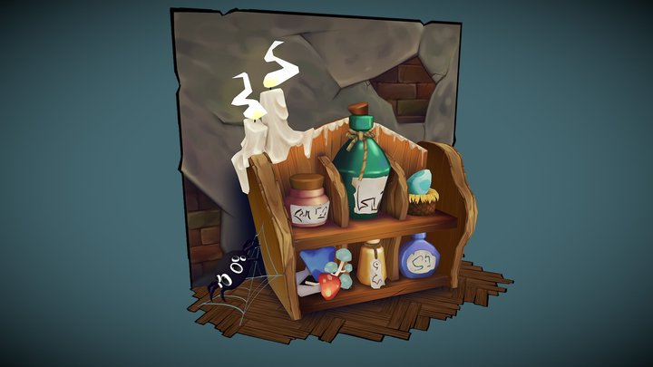 Stylized handpaint shelf with potions and props 3D Model