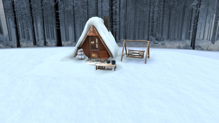 Cosy Triangle Winter Cabin Interior Exterior 3D Model