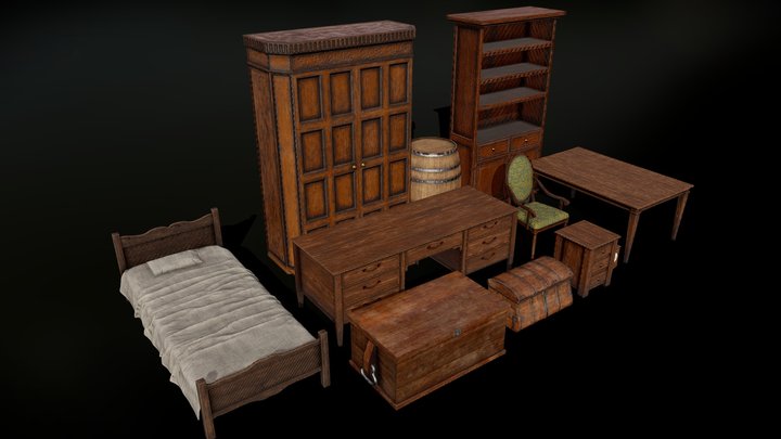 Old Wooden Furniture Collection - Game Ready 3D Model