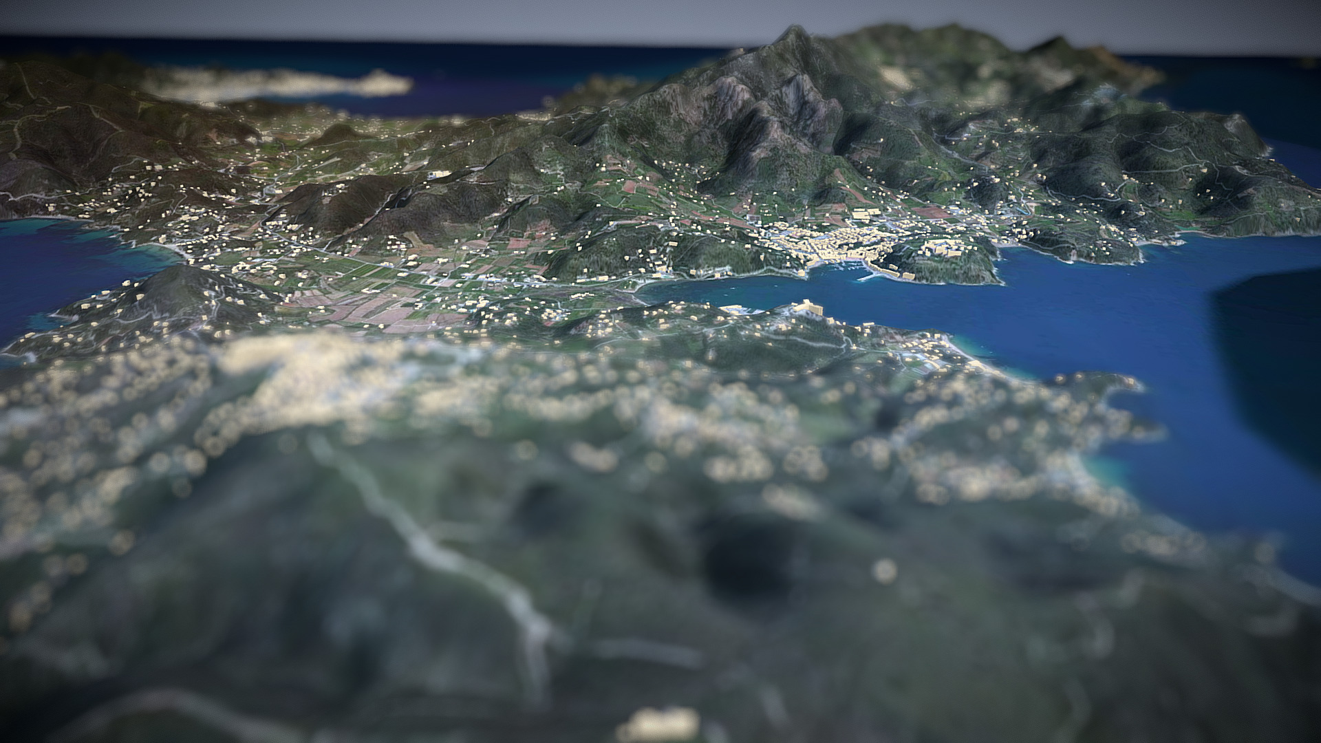 3D model Elba, Italy, (TIN, OSM, AsterGDEMv3, MapBox) - This is a 3D model of the Elba, Italy, (TIN, OSM, AsterGDEMv3, MapBox). The 3D model is about a view of the ocean from above.