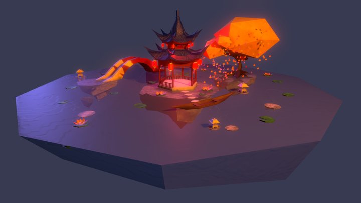 Low-poly Diorama Meditation (Chinese Gazebo) 3D Model