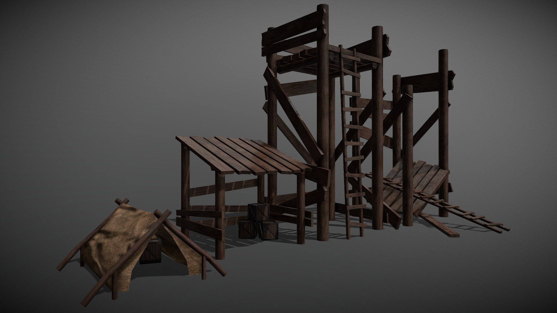 3D model Wooden Misc Objects - This is a 3D model of the Wooden Misc Objects. The 3D model is about a wooden structure with a chair.