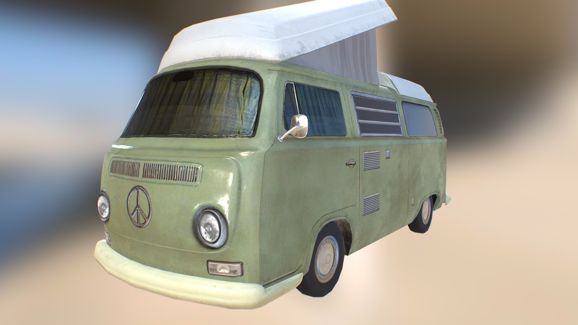 3D model VW T2 Caravan lowpoly model - This is a 3D model of the VW T2 Caravan lowpoly model. The 3D model is about a green van with a white roof.