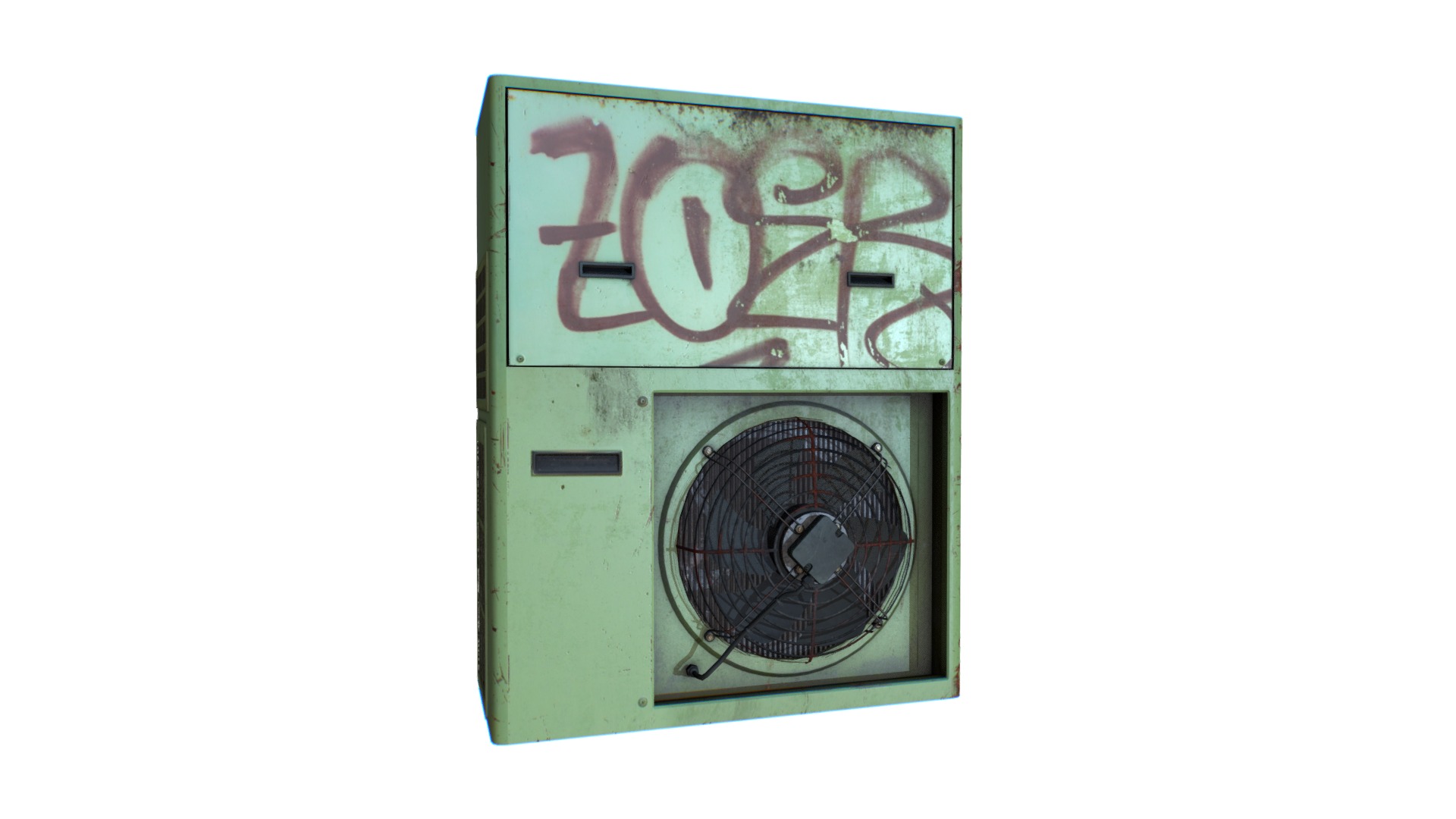 3D model Old Air Conditioner - This is a 3D model of the Old Air Conditioner. The 3D model is about a green and white box with a fan on top.