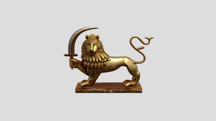 Golden lion with sword and sun motif 3D Model
