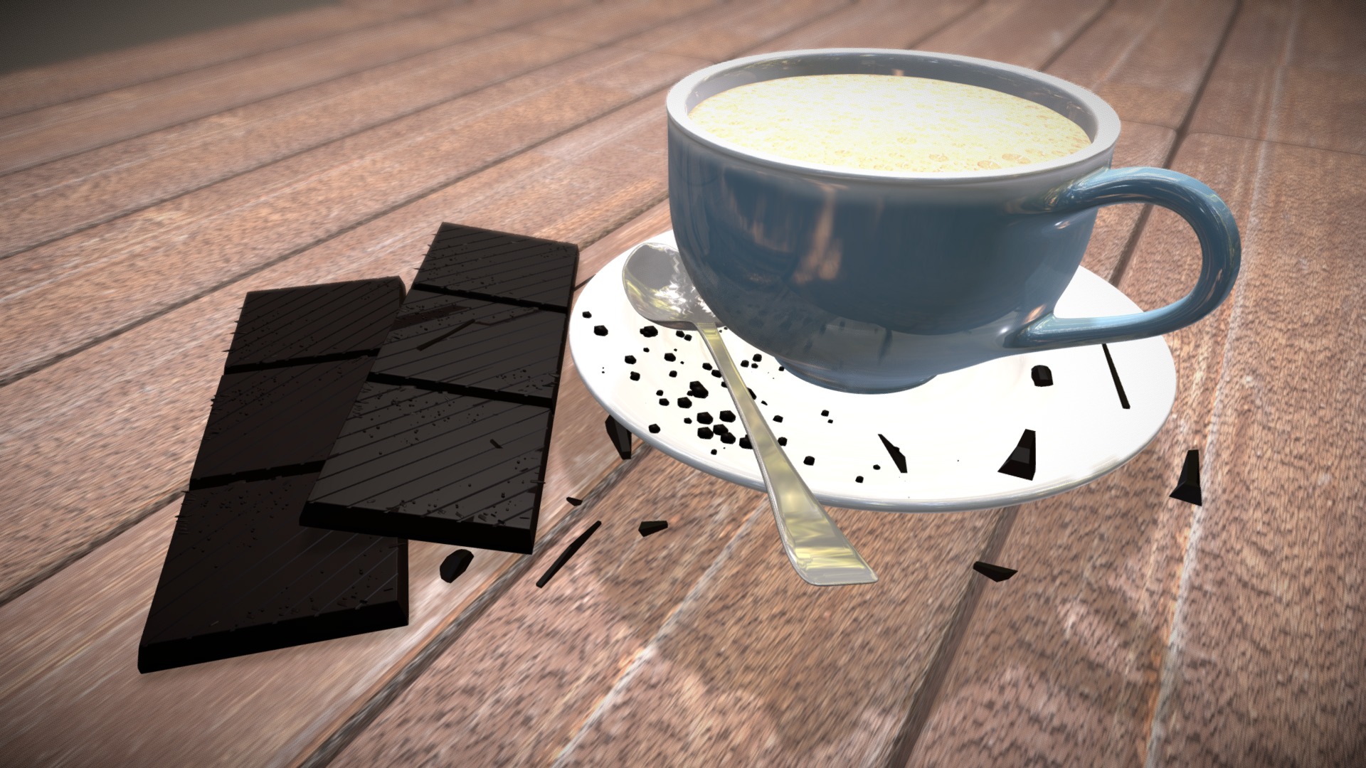 3D model Cafe du Chocolat - This is a 3D model of the Cafe du Chocolat. The 3D model is about a cup of coffee and a spoon on a wooden surface.