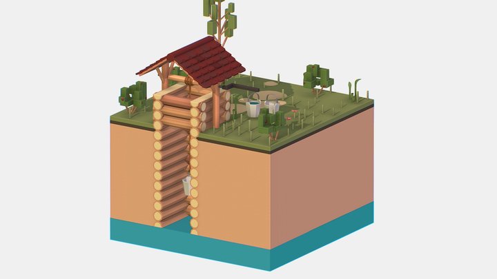 Isometric European Village Well Draw-Well 3D Model