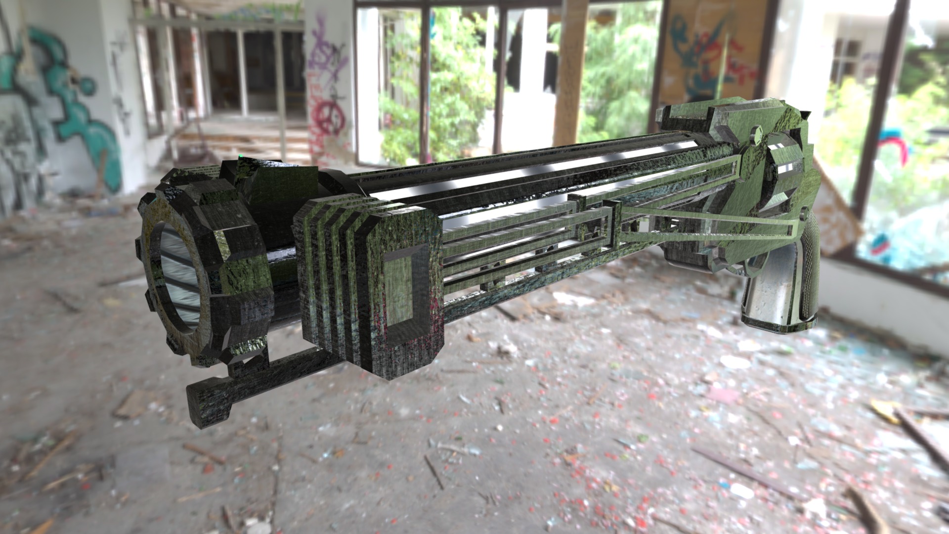 3D model Rail Revolver - This is a 3D model of the Rail Revolver. The 3D model is about a green military gun.