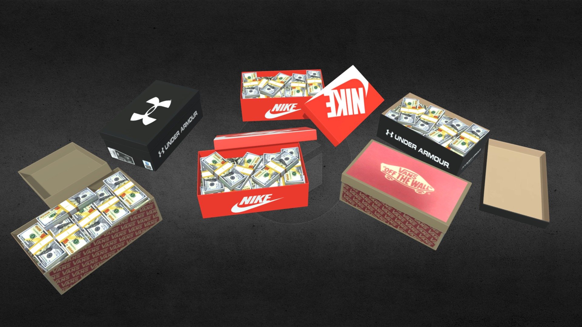 Shoe boxes full of cash (low poly, game ready) — Sketchfab embed 3D viewer