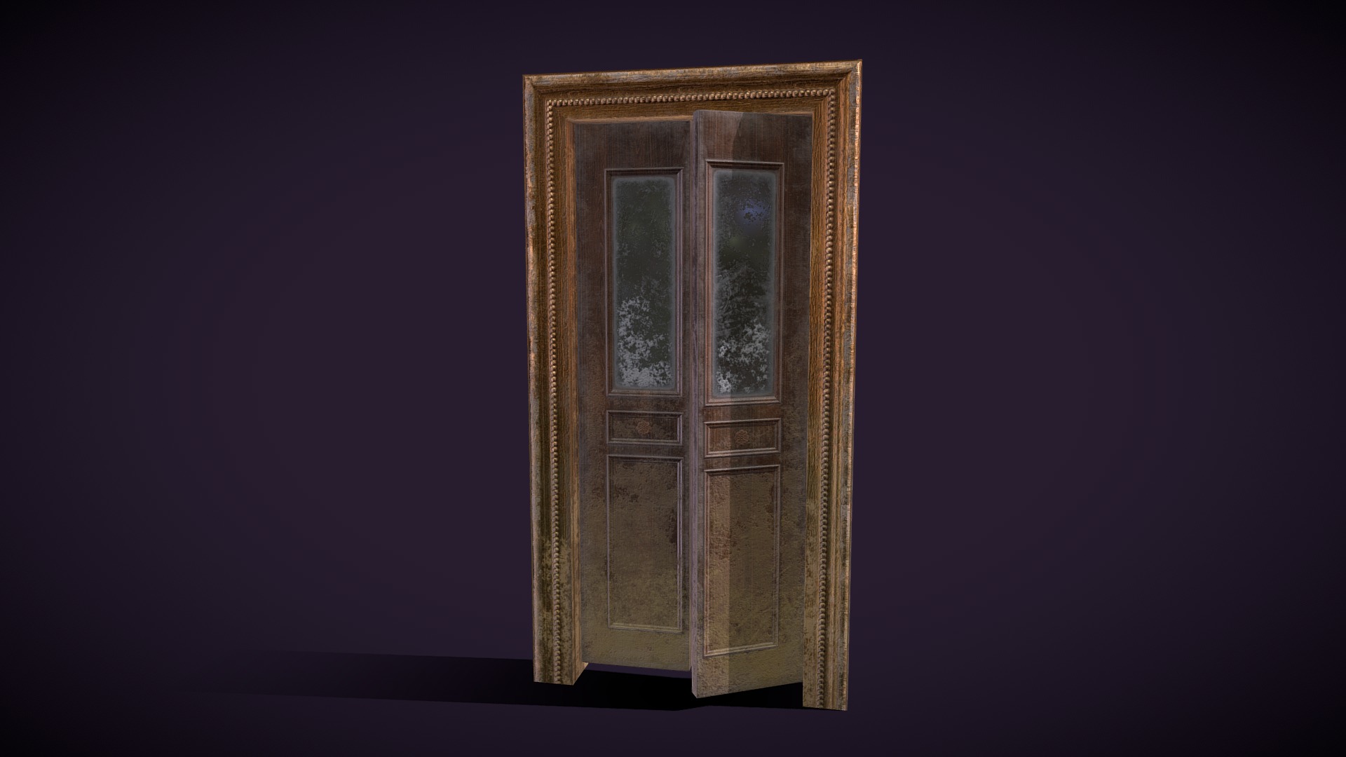 3D model Weathered Ornate Door 2 - This is a 3D model of the Weathered Ornate Door 2. The 3D model is about a gold door with a glass window.