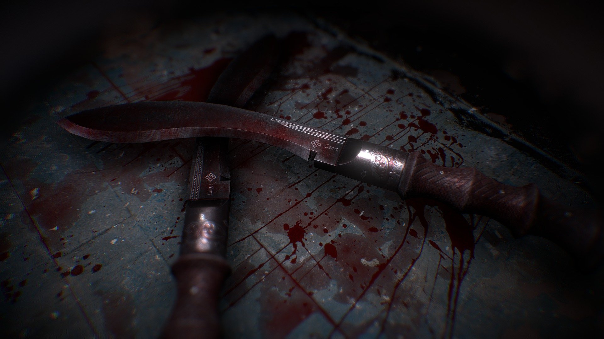 Kukri on the bloody ground.