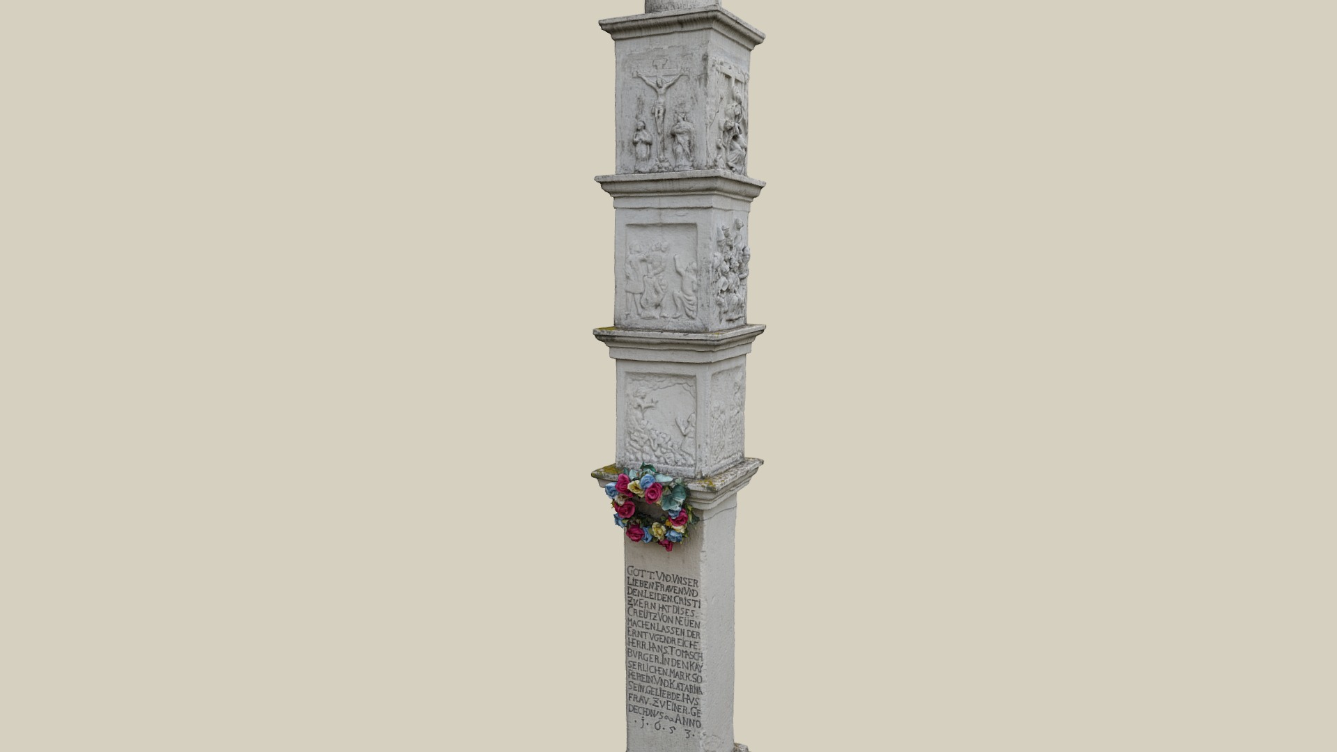 3D model Passionspfeiler - This is a 3D model of the Passionspfeiler. The 3D model is about a tall stone pillar with a flower painted on it.