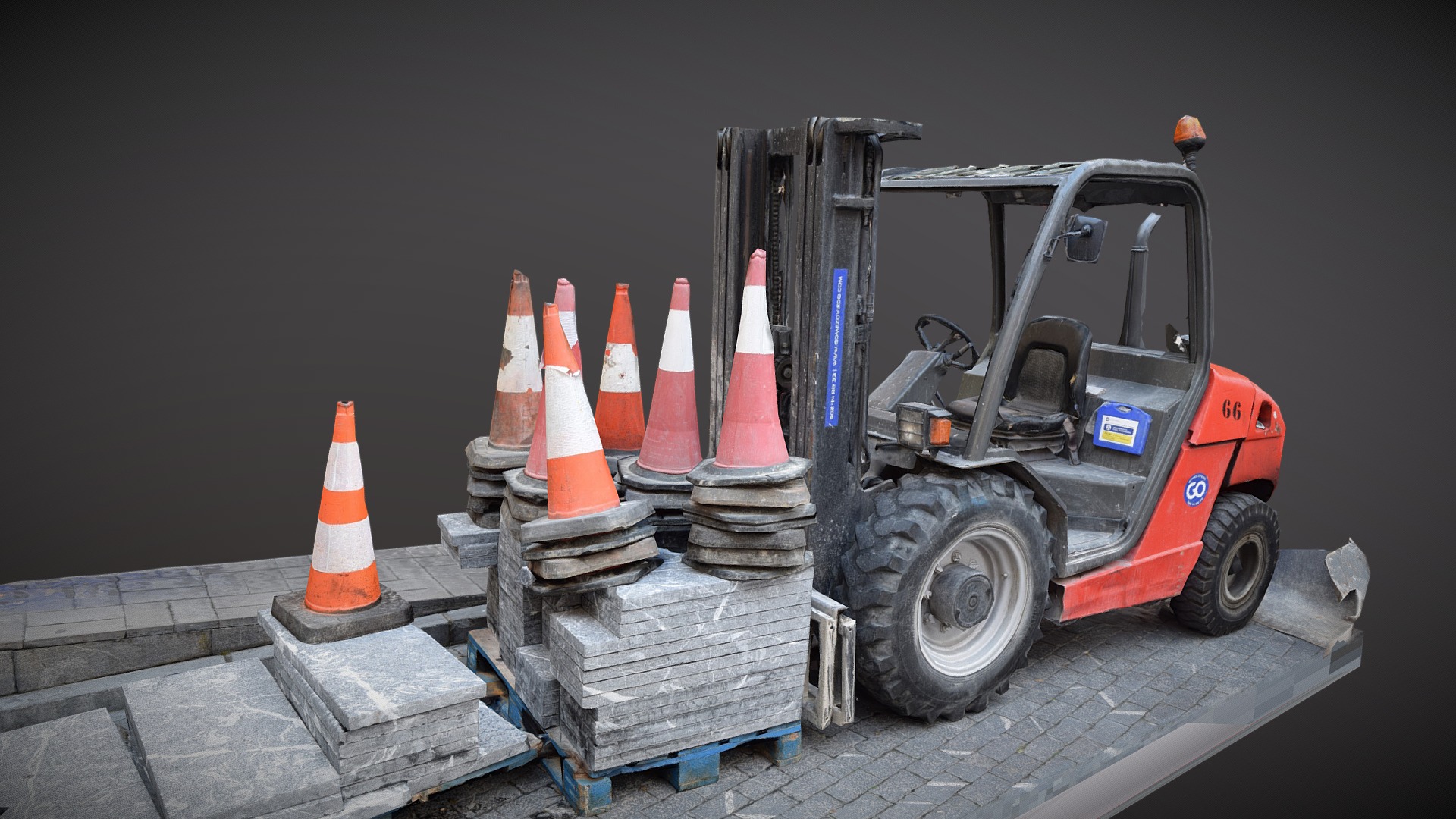 3D model Fork lift photogrammetry scan - This is a 3D model of the Fork lift photogrammetry scan. The 3D model is about a forklift with orange cones.