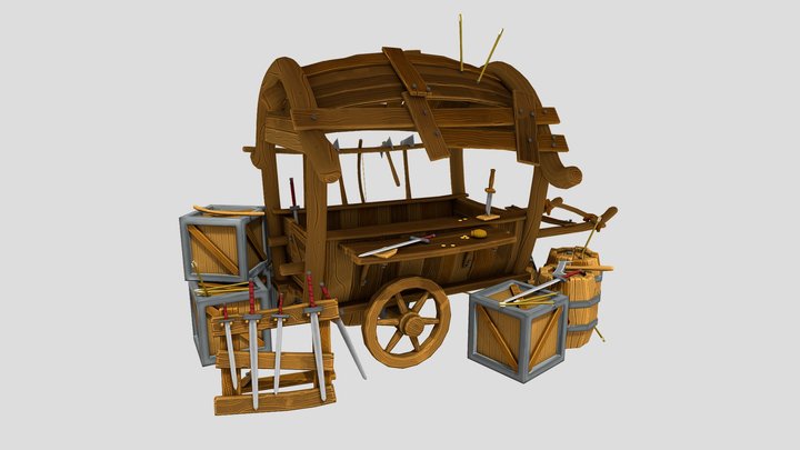 A Small Stylized Cart With a Weapon Shop 3D Model