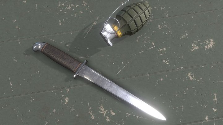 Knife and grenade on table 3D Model