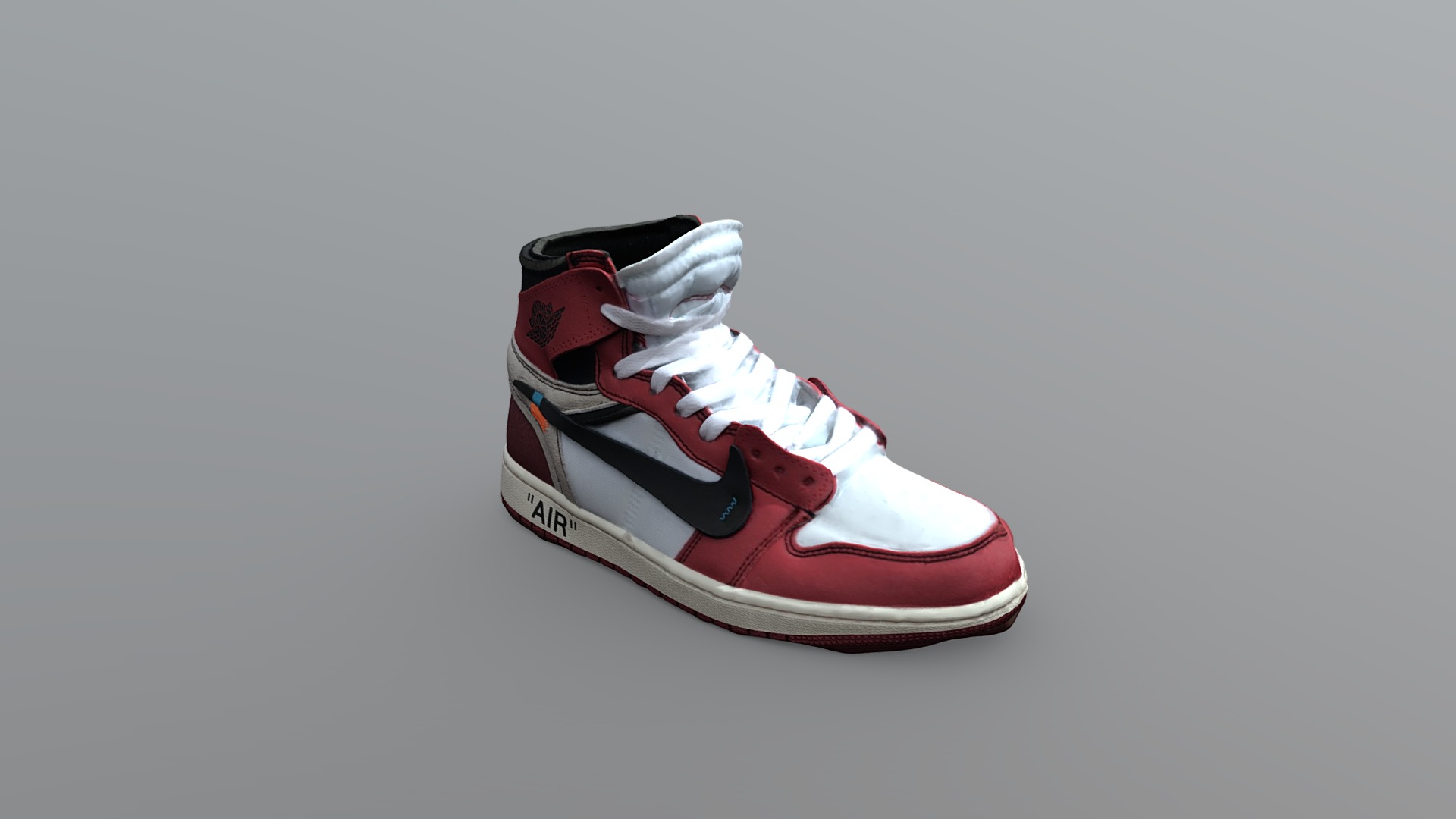 3D model Off-White x Nike Air Jordan 1 Shoe (White laces) - This is a 3D model of the Off-White x Nike Air Jordan 1 Shoe (White laces). The 3D model is about a red and white shoe.