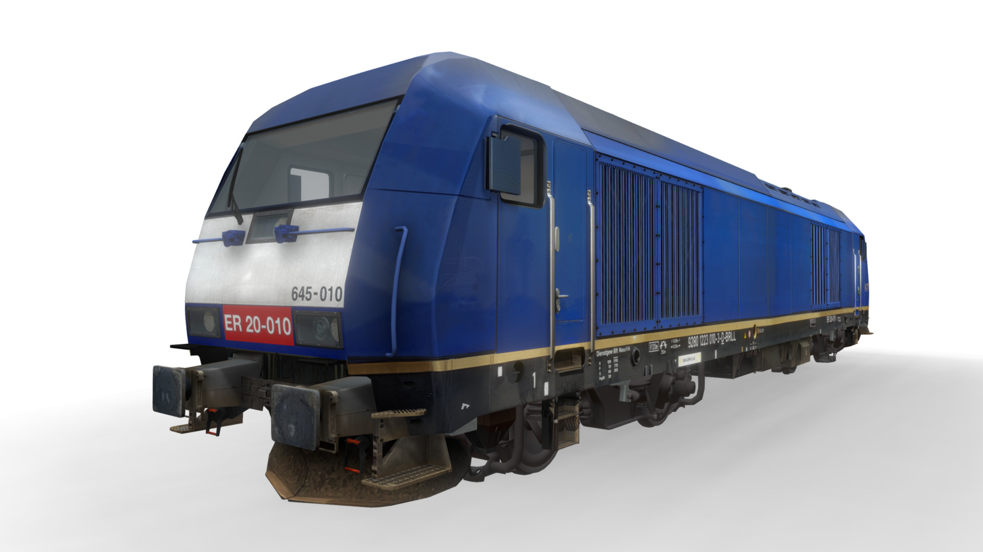 3D model Locomotive Class 223 – ER20-010 – BRLL - This is a 3D model of the Locomotive Class 223 - ER20-010 - BRLL. The 3D model is about a blue train on a white background.