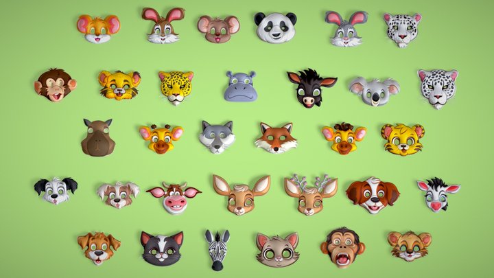 Low Poly Kids Cartoon Animal Face Mask Pack 3 3D Model