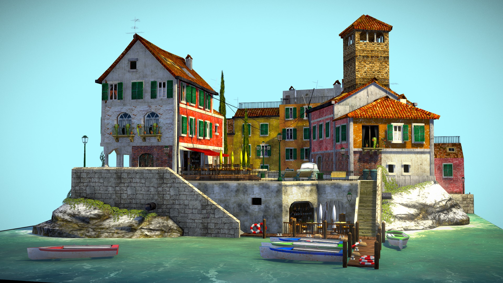 3D model Cinque Terre - This is a 3D model of the Cinque Terre. The 3D model is about a group of buildings next to a body of water.
