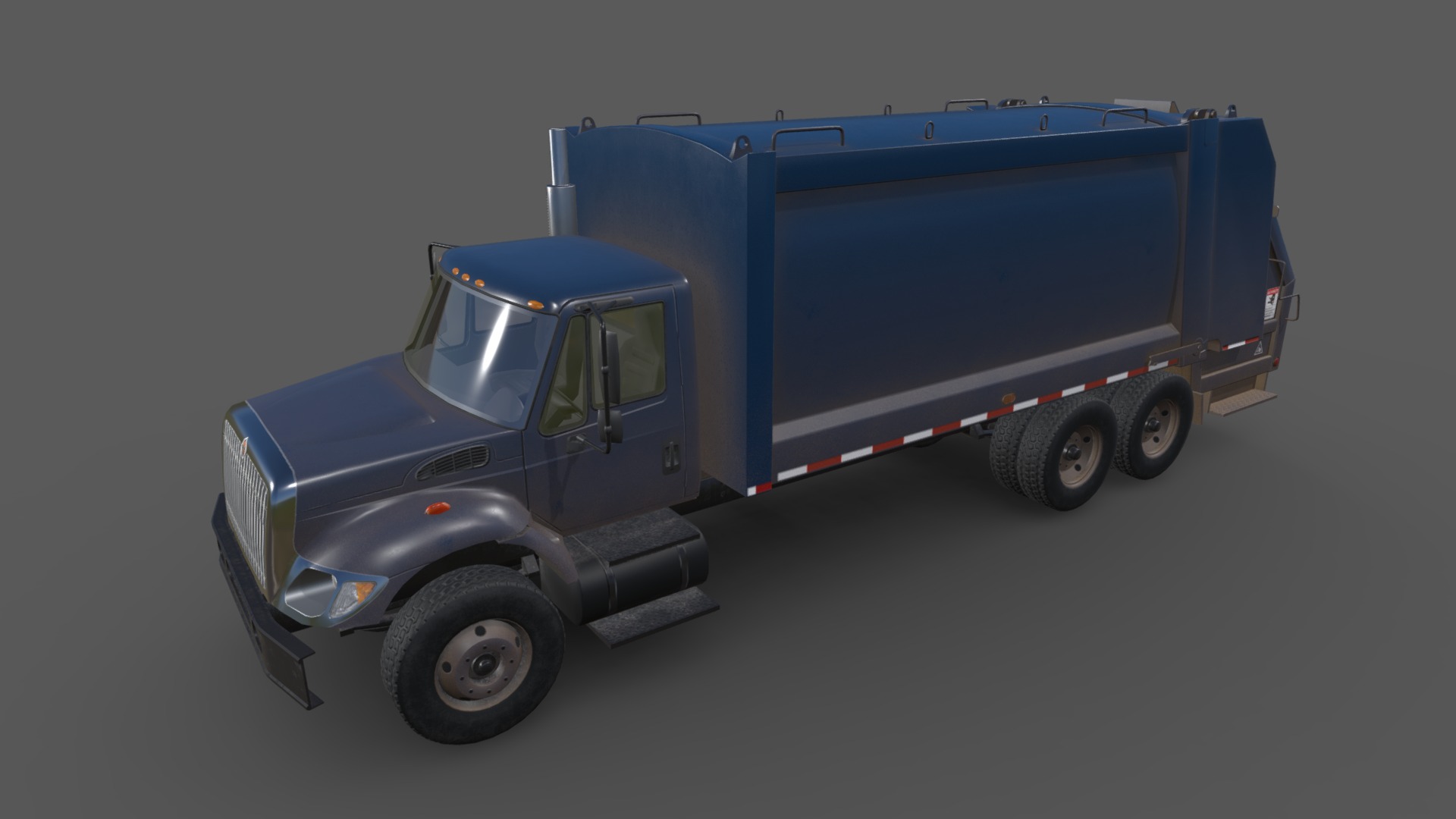3D model International 7400 Garbage Truck - This is a 3D model of the International 7400 Garbage Truck. The 3D model is about a blue trailer with a trailer.