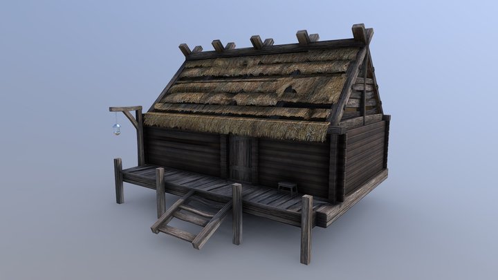 Medieval Wooden House with Thatched Roofing 3D Model