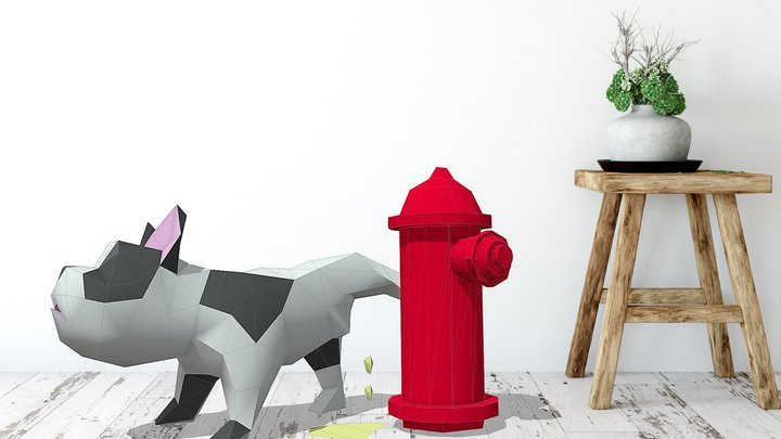 Low poly French Bulldog Peeing model 3D Model