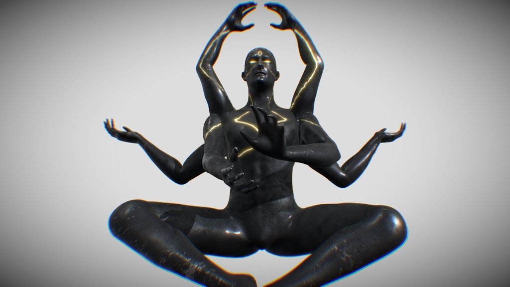 Crossed-leg monumental statue with 6 arms