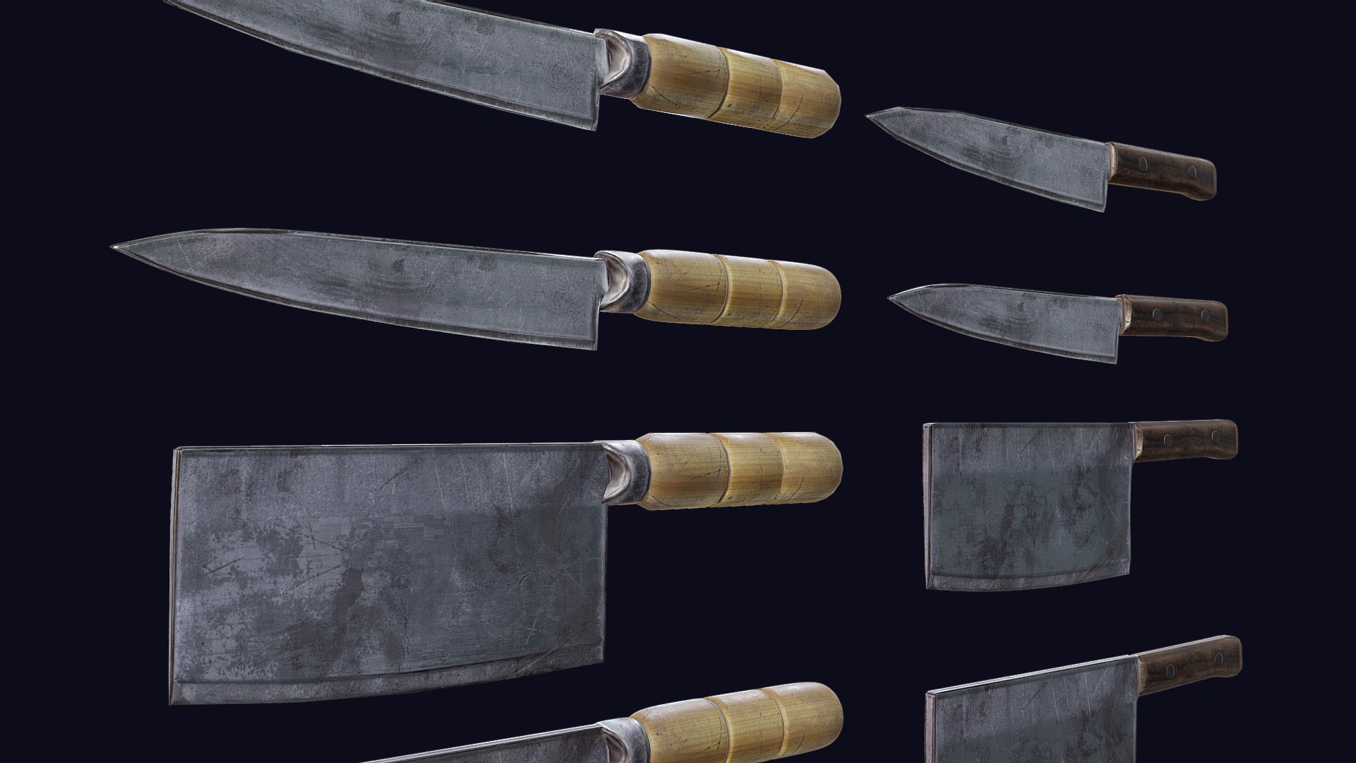 3D model Cleaver & Knife PBR Game Ready - This is a 3D model of the Cleaver & Knife PBR Game Ready. The 3D model is about a group of metal objects.
