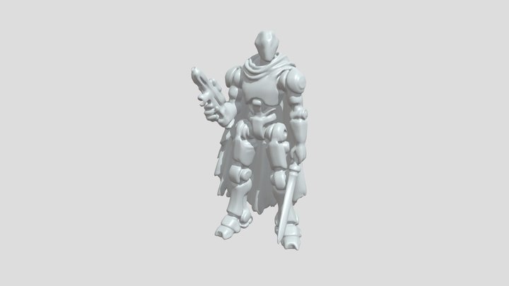 Armored hunter droid wielding weapons
