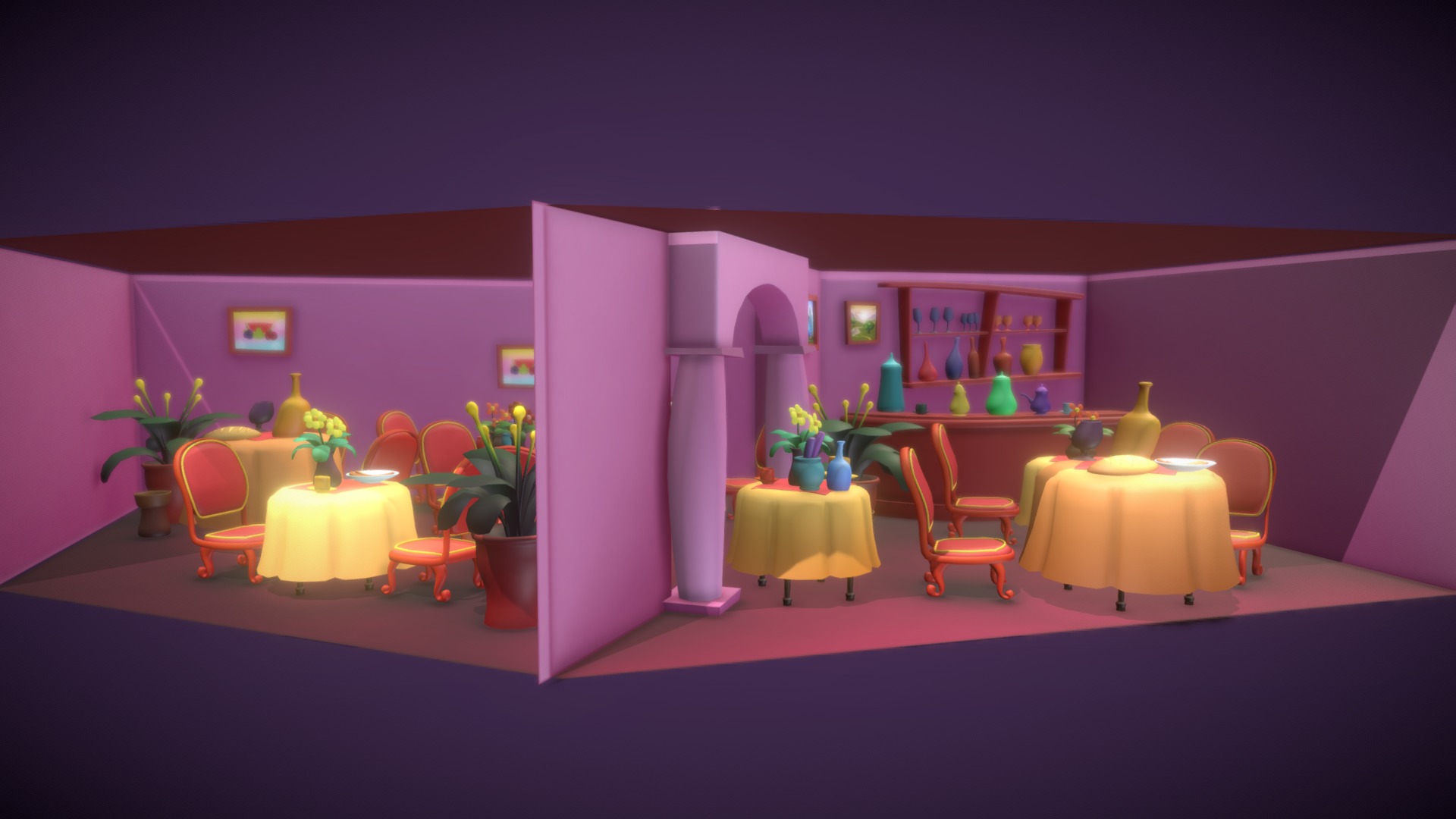 3D model Cartoon Restauran - This is a 3D model of the Cartoon Restauran. The 3D model is about a room with tables and chairs.