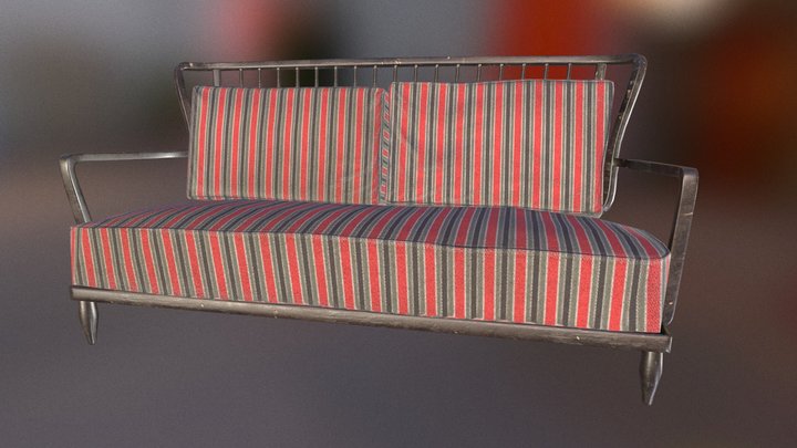 Vintage wooden sofa baked lowpoly 3D Model