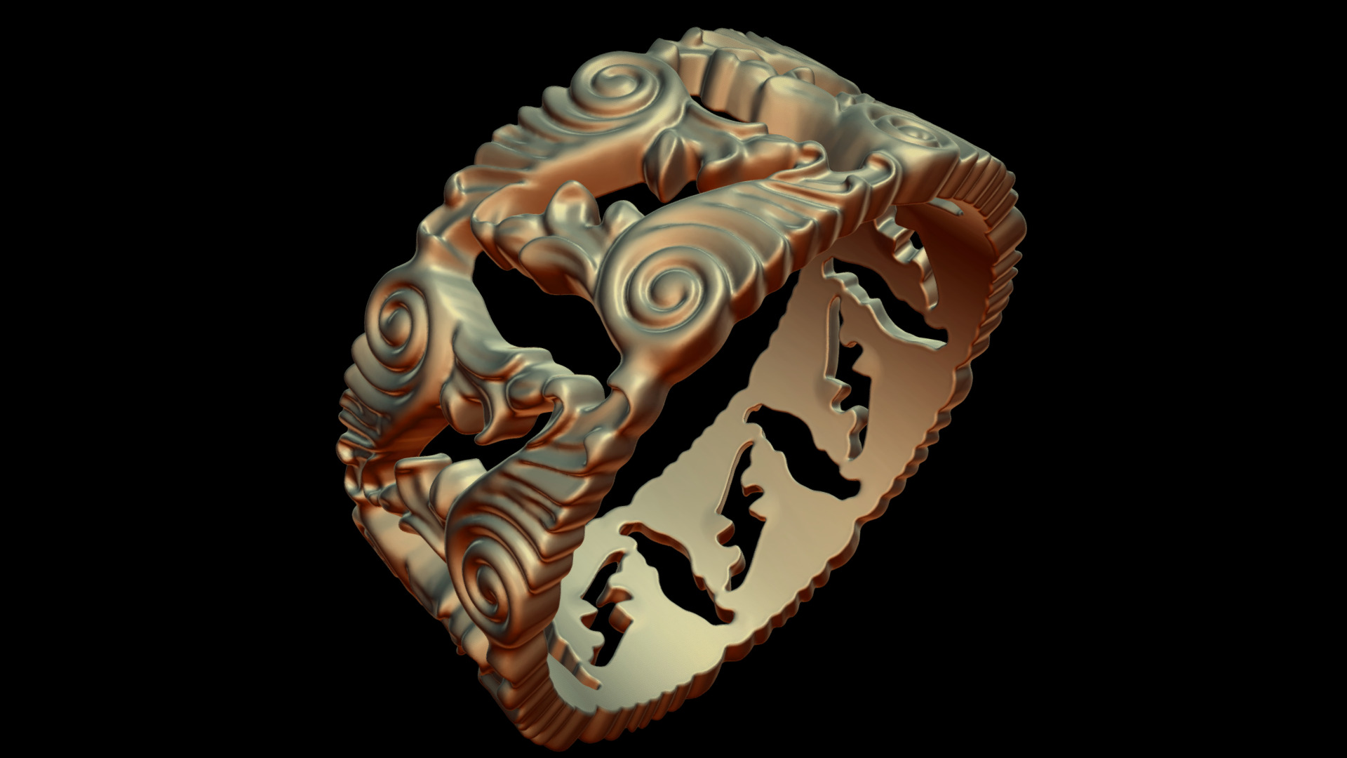 3D model Baroque Ornaments Ring - This is a 3D model of the Baroque Ornaments Ring. The 3D model is about a skull with a black background.