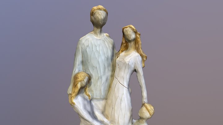 Family Wooden Carved Statue 3D Model