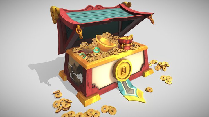 Wooden Coin Chest_ Chinese Style 3D Model